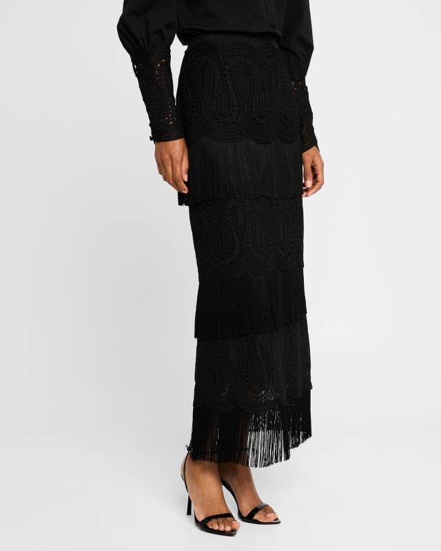 Embroidered Fringe Pencil Skirt